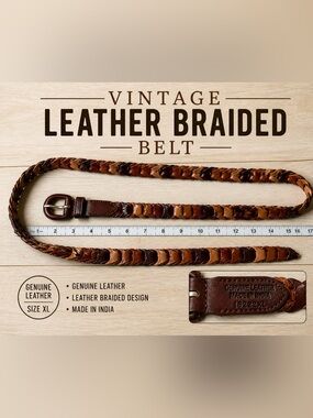 Vintage Genuine Leather Braided Belt Brown Multicolor Woven Boho Western